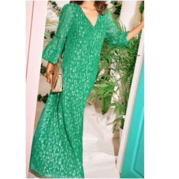 Lilly Pulitzer Creme Long Sleeve Maxi Dress NWT Size 4 Green w/ Metallic Shimmer - Picture 2 of 12